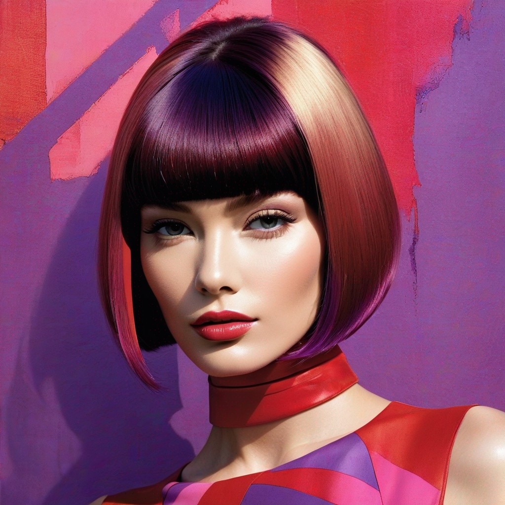 Example result. Prompt: beautiful woman, close up, (crimson++ tones with highlights in pink, shadows in purple), painterly, fashion, (Bob Peak:1.4) Negative…