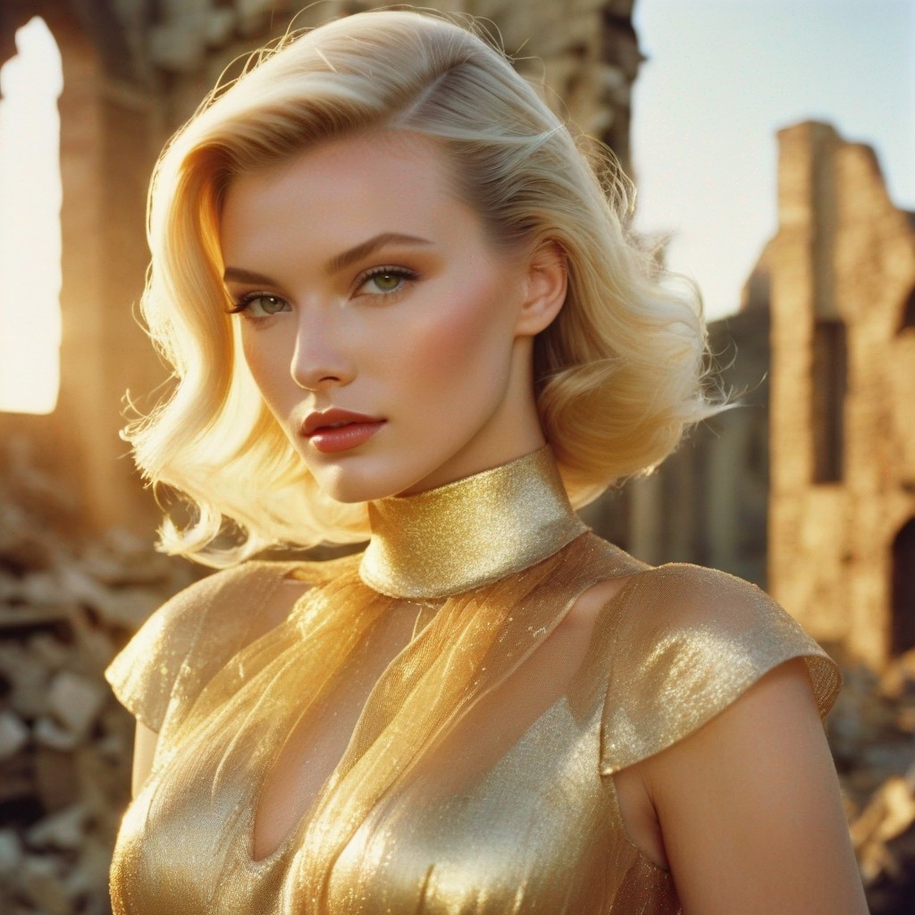 Example result. Prompt: beautiful woman with blonde hair, hazle eyes, (close up:1.3), wearing a gold organza dress, surrounded by ruins, (golden hour:1.3),…