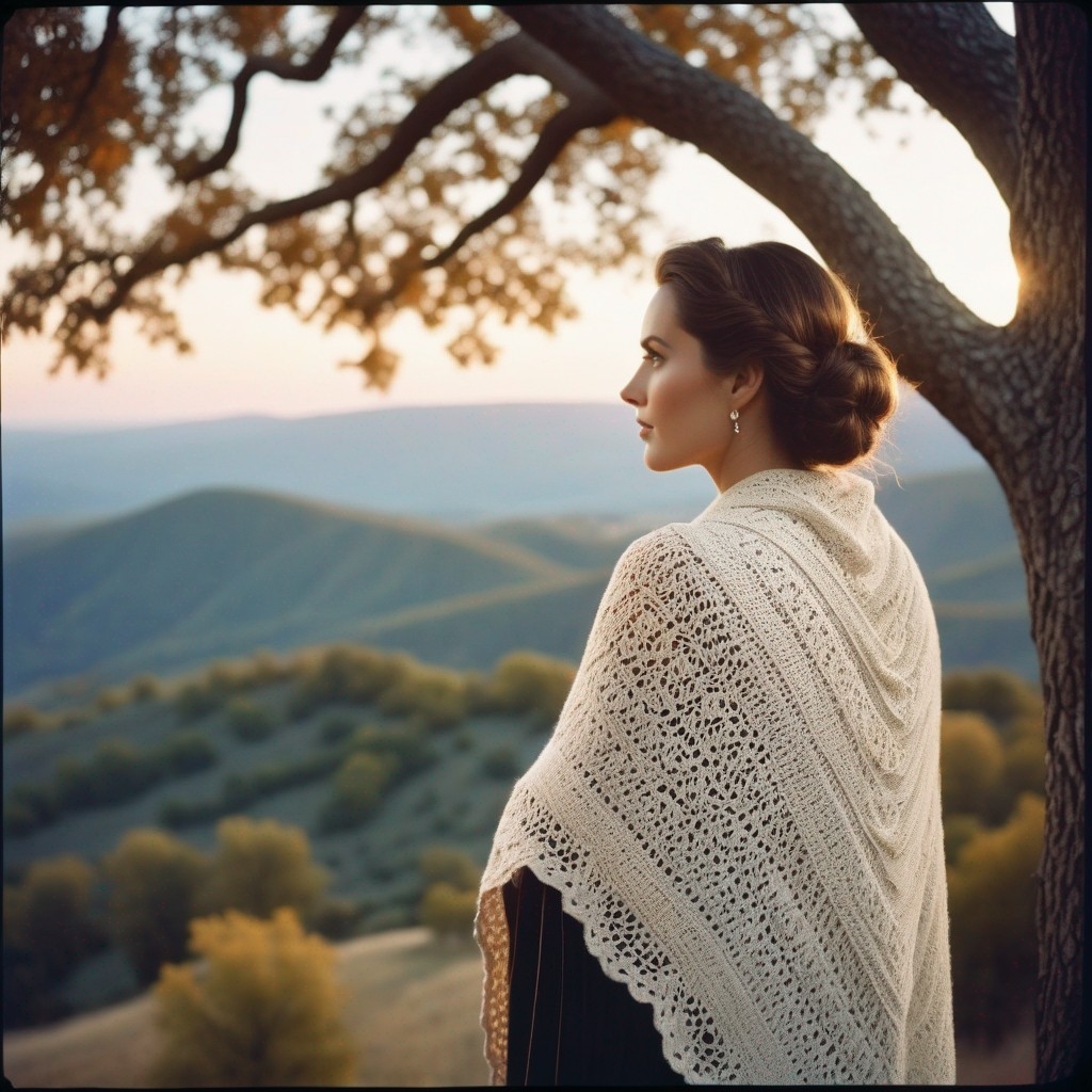 Example result. Prompt: beautiful woman wearing a big crochet shawl, (close up), (standing in profile), under an oak tree, looking out over a scenic overlook,…