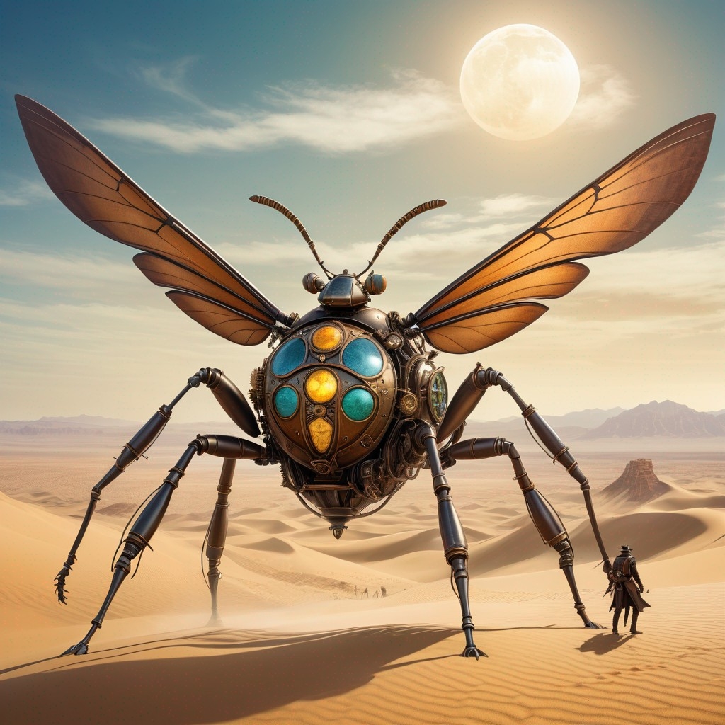 Example result. Prompt: giant insect creature traveling across the desert sands, (steampunk:1.15) . mysterious, surreal, Victorian, Lovecraftian, (concept art…