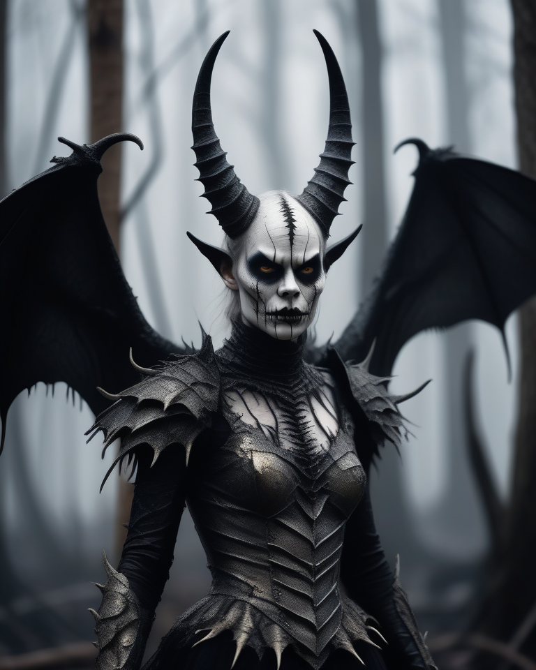 Example result. Prompt: horror-themed cinematic film still, a horrifying white-skinned female gothic demon, (full body portrait), (detailed monstrous evil…