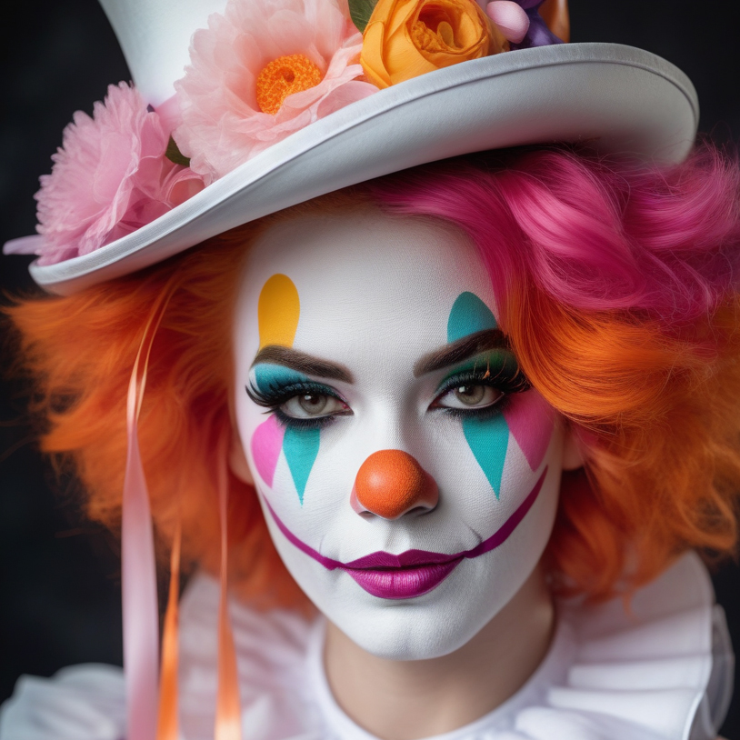 Example result. Prompt: beautiful female clown with white face paint and colorful accents, close portrait, pink and orange hair, (white top hat with pastel…