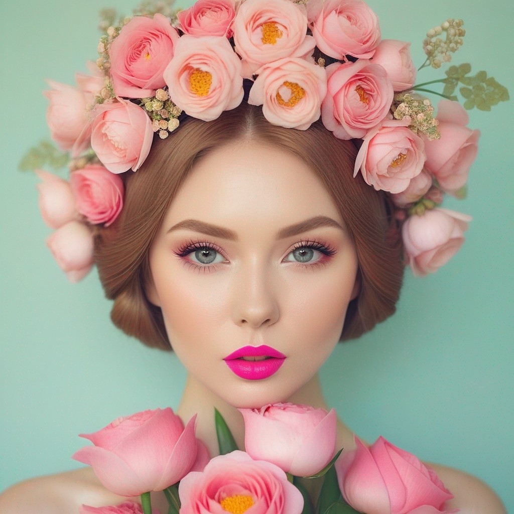 Example result. Prompt: (woman with a bouquet of pink flowers on her head:1.3), pale pink lipstick, highly detailed, soft light, (Oleg Oprisco:1.4) Negative…