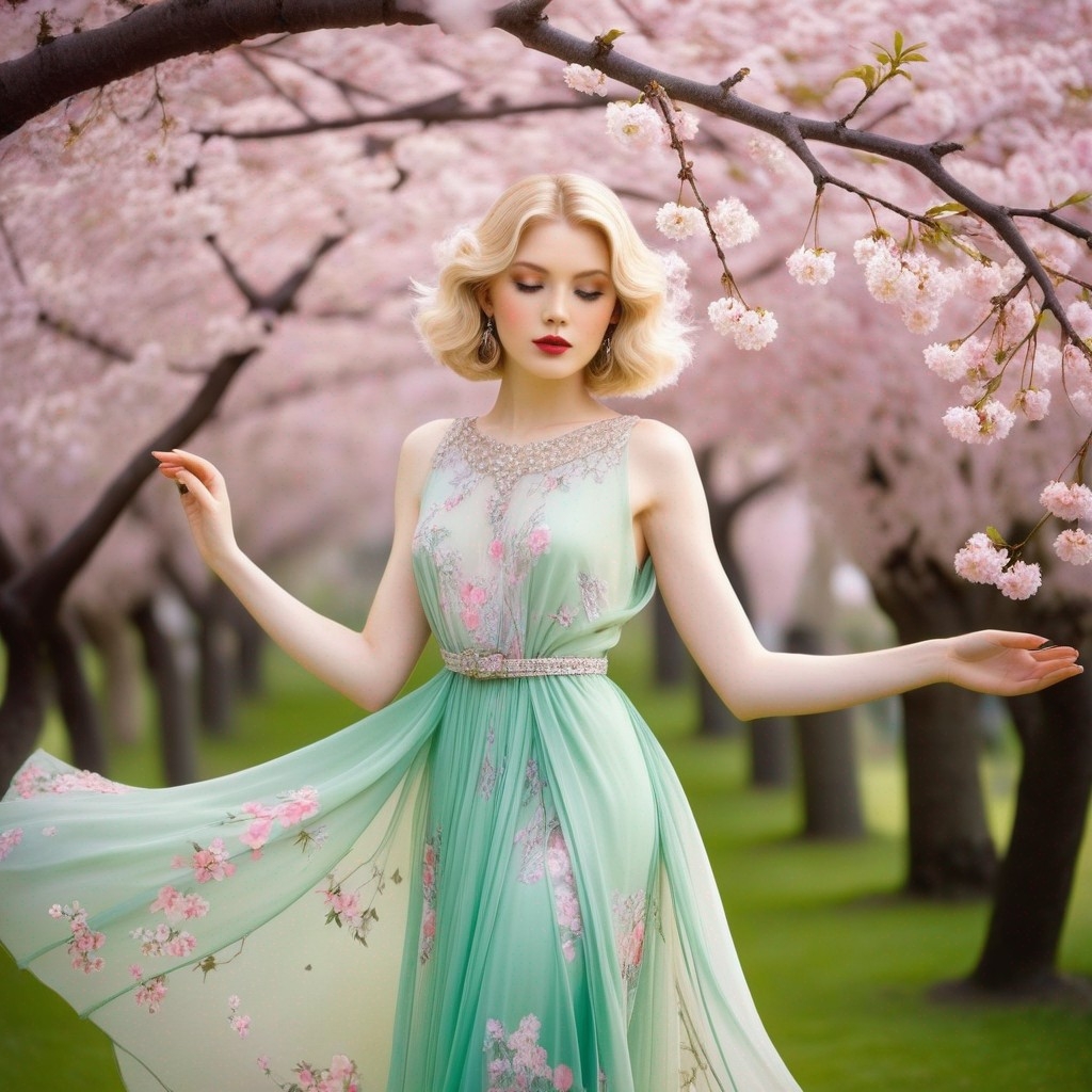 Example result. Prompt: beautiful blonde woman under a cherry blossom tree, wearing a chiffon dress . fashion photography, (Harry Clarke), (Cecil Beaton),…