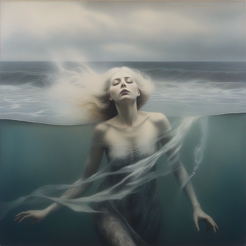 Example result. Prompt: beautiful ghostly woman, (close up:1.4), sinking in the ocean waves, (haunting, moody, barren, bleak), (Hannah Höch), (Mikalojus…
