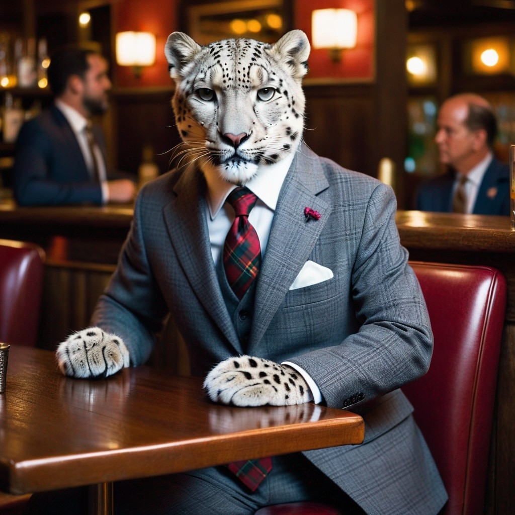 Example result. Prompt: photo of a snow leopard, dressed in a plaid wool suit and tie, sitting at a table in a bar with bar stools, (close up:1.3), award…