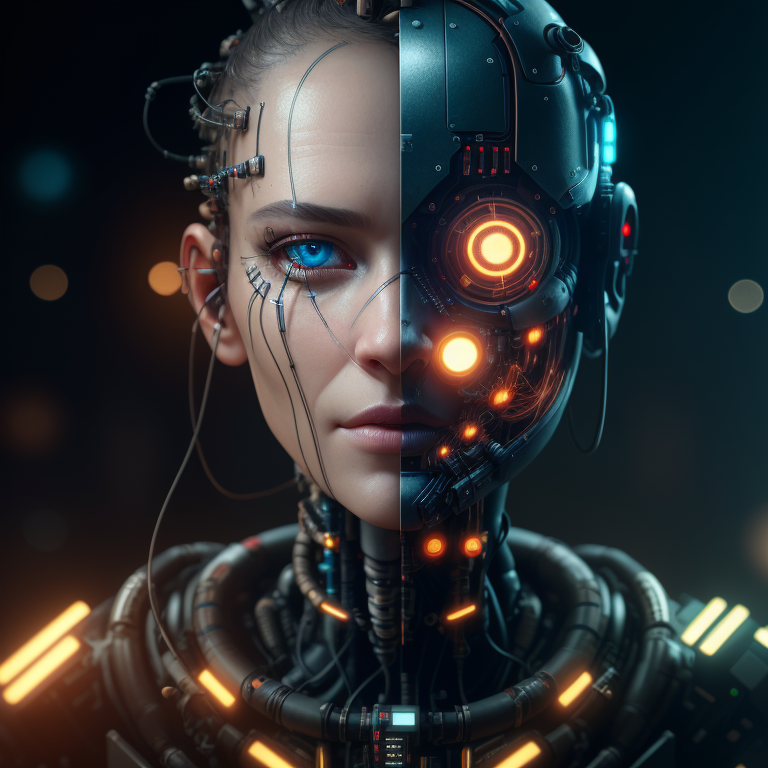 Example result. Prompt: one eyed, half human half machine, cyborg, tubes, wires, small lights on face, (many long tubes in head) circuits, biopunk, mixed…