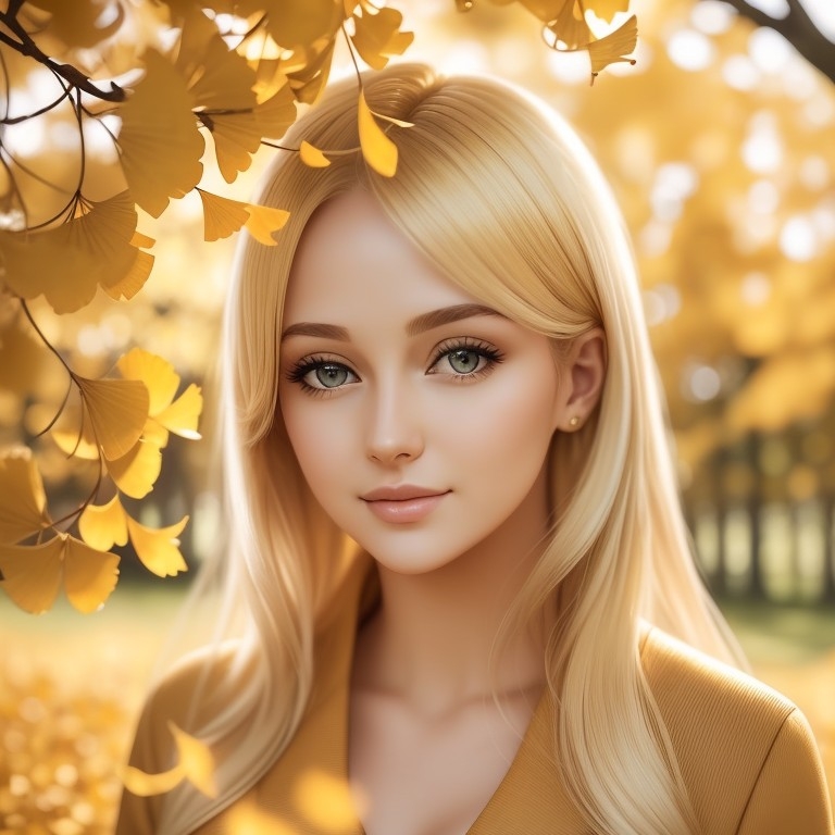 Example result. Prompt: beautiful blonde woman in a ginkgo forest, surrounded by golden trees, close up, leaves falling in the wind, best quality, cinematic…