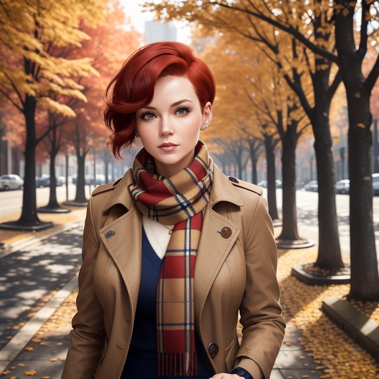 Example result. Prompt: beautiful woman with short red hair, wearing a navy jacket and earthtone plaid scarf, walking down a tree lined street in autumn,…
