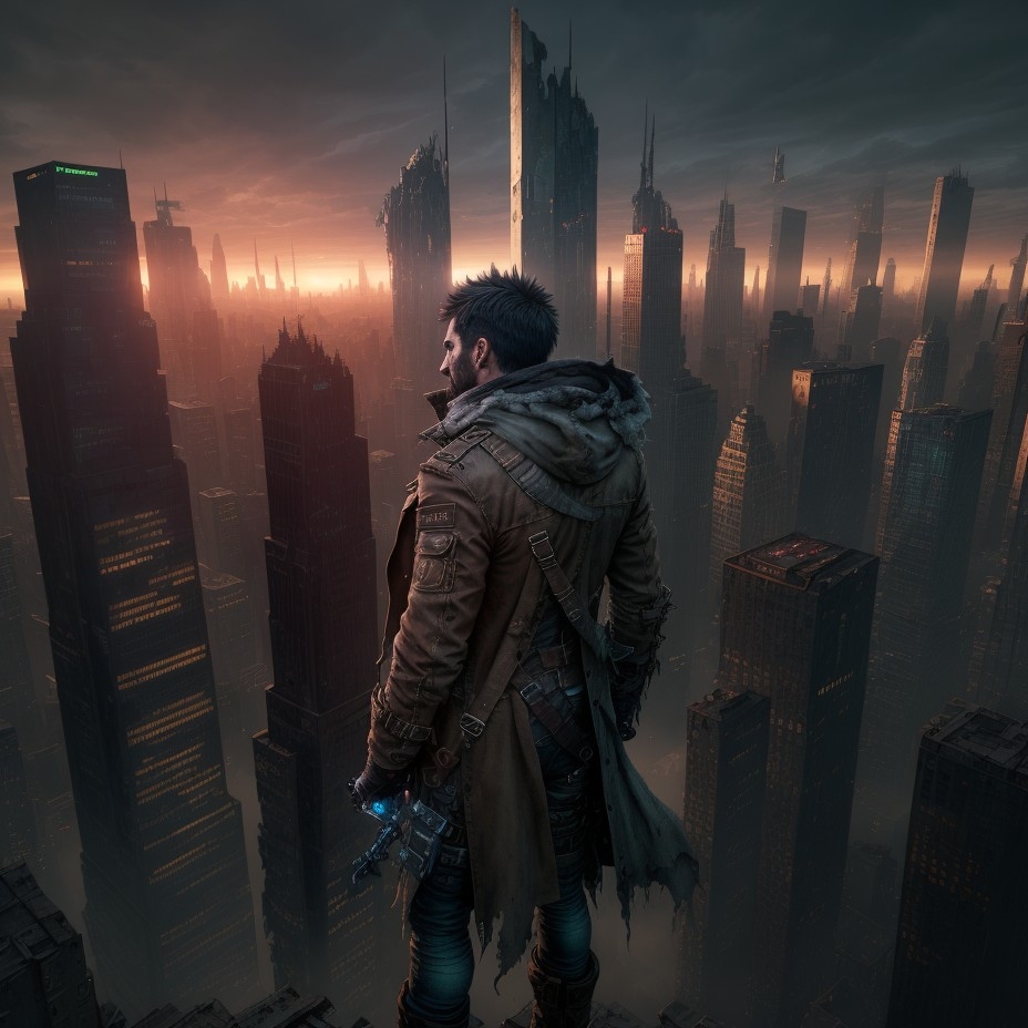 Example result. Prompt: rogue drifter with a tattered trenchcoat, crouched on the edge of a towering skyscraper, overlooking a sprawling dystopian cityscape…