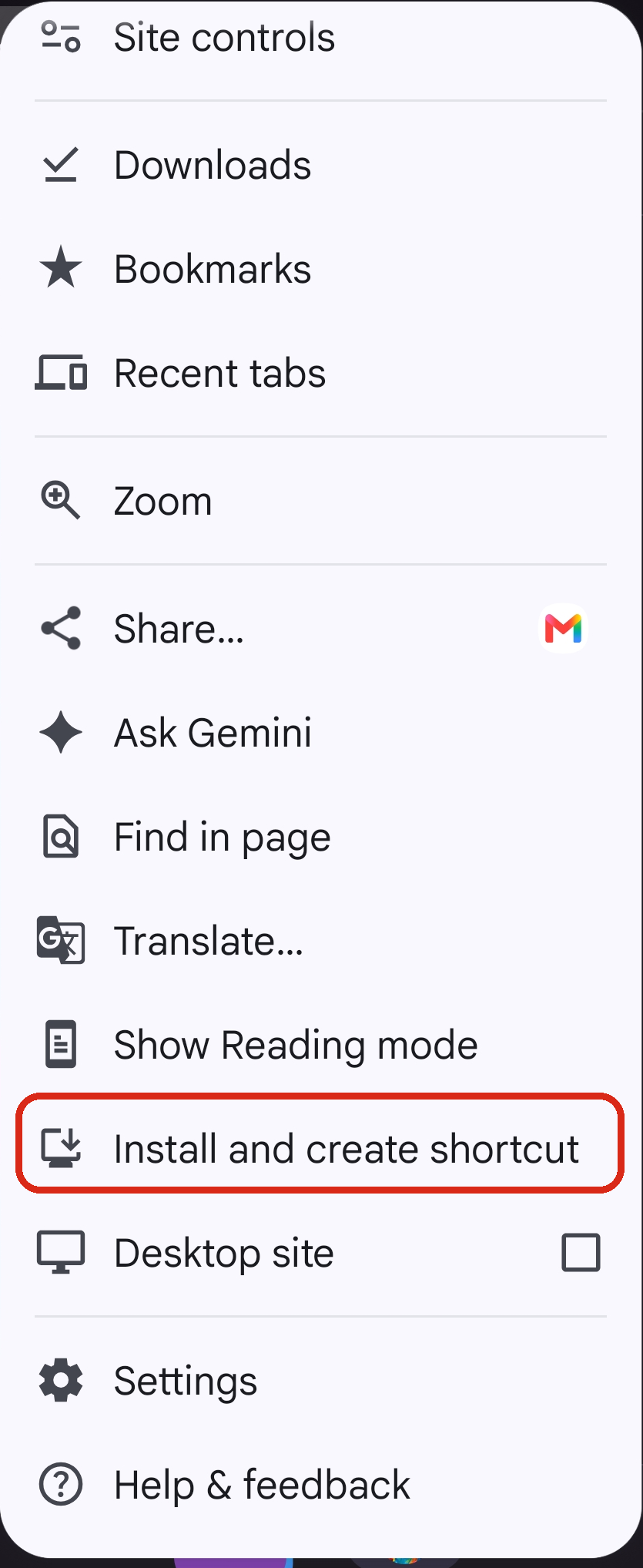 Chrome menu with Install and create shortcut outlined in red