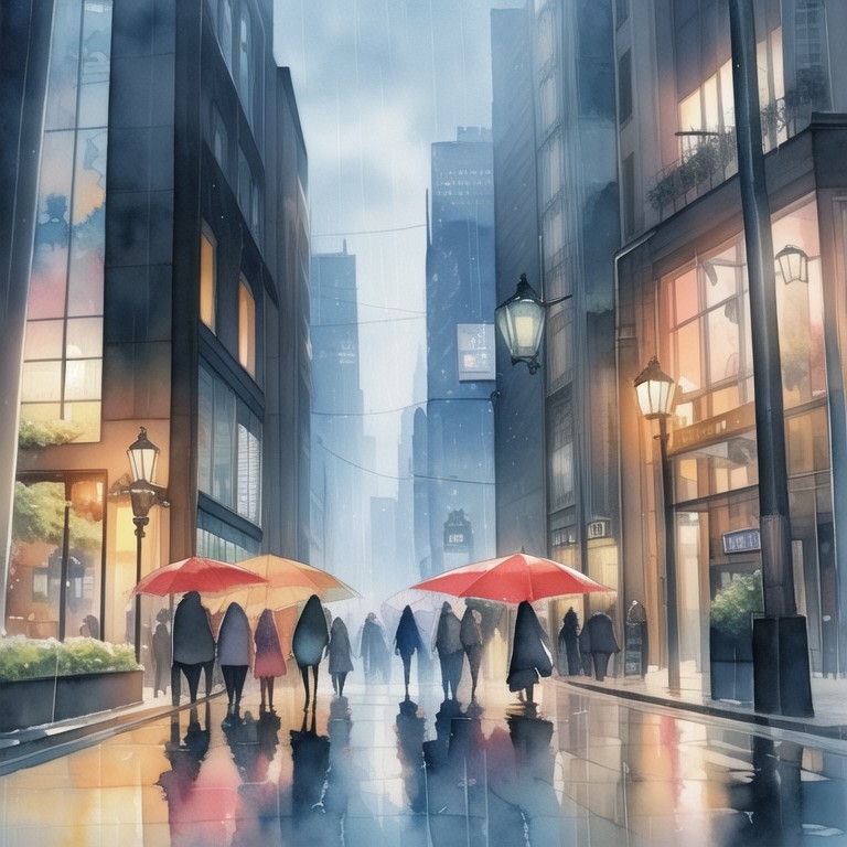 Example result. Prompt: beautiful city street in the rain, people walking with umbrellas, beautiful building, colors, reflections, downtown, (watercolor:1.1),…