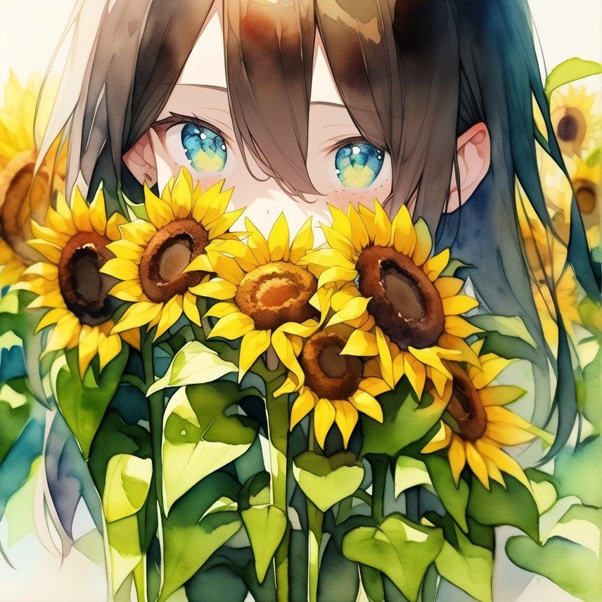 Example result. Prompt: beautiful girl, sunflowers+, freckles, portrait, leaf, bangs, brown hair, long hair, green eyes, hair between eyes, (watercolor:1.1)…