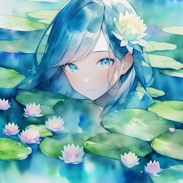 Example result. Prompt: beautiful woman in a lake, surrounded by (beautiful colorful water lilies), with a water lily on her head, iridescent, portrait,…