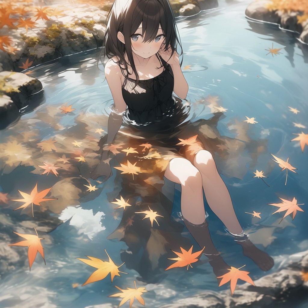 Example result. Prompt: cute woman sitting in a clear stream, wearing a sundress, with rocks under water, and autumn leaves floating on the water, close up,…