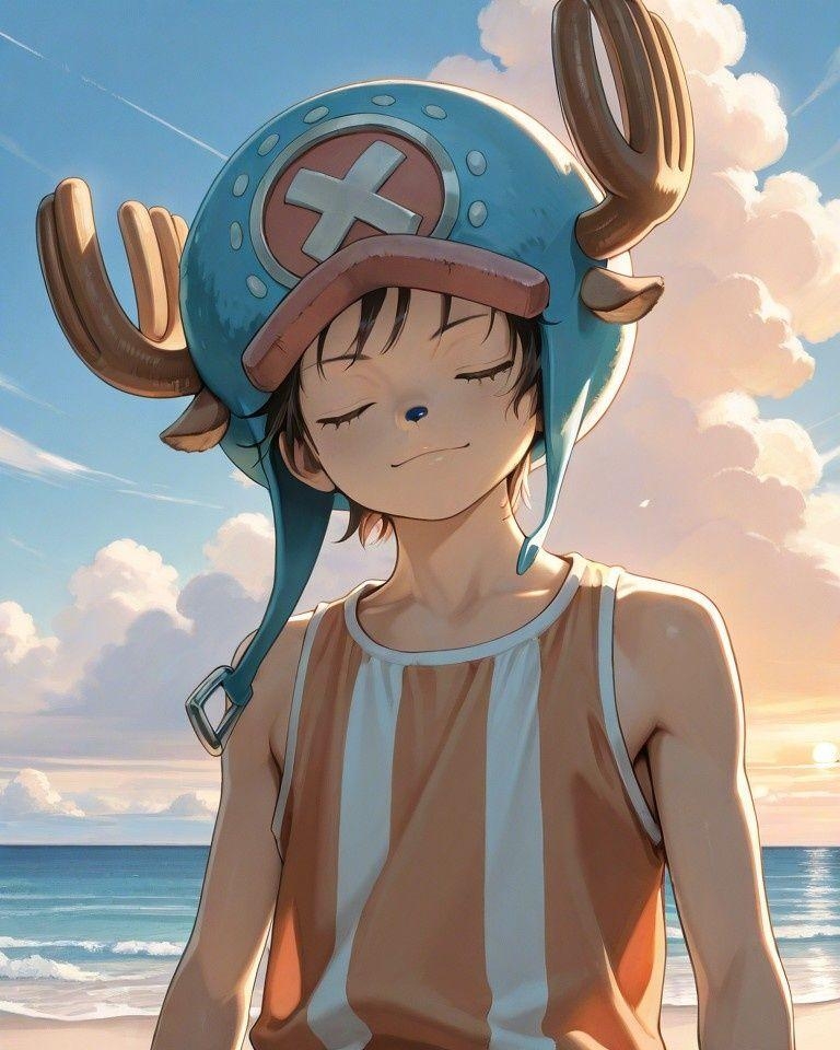 Example result. Prompt: 1boy, Tony Tony Chopper, facing viewer, close up, on a beach, wind, cloudy sky, masterpiece, best quality, amazing quality, very…