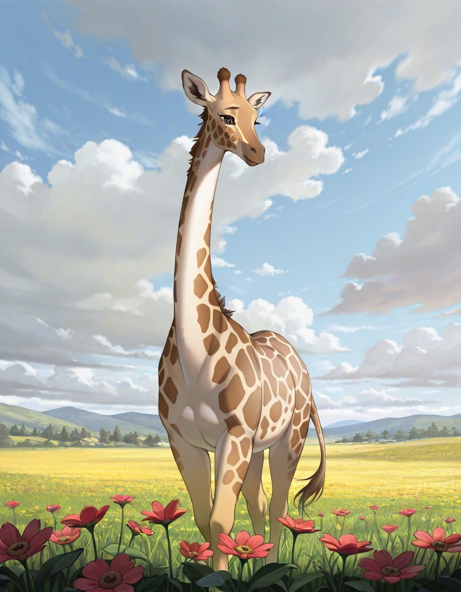 Example result. Prompt: 1giraffe, on a wildflower hill, long neck, beautiful giraffe, cloudy sky, masterpiece, best quality, very aesthetic, ultra-detailed,…