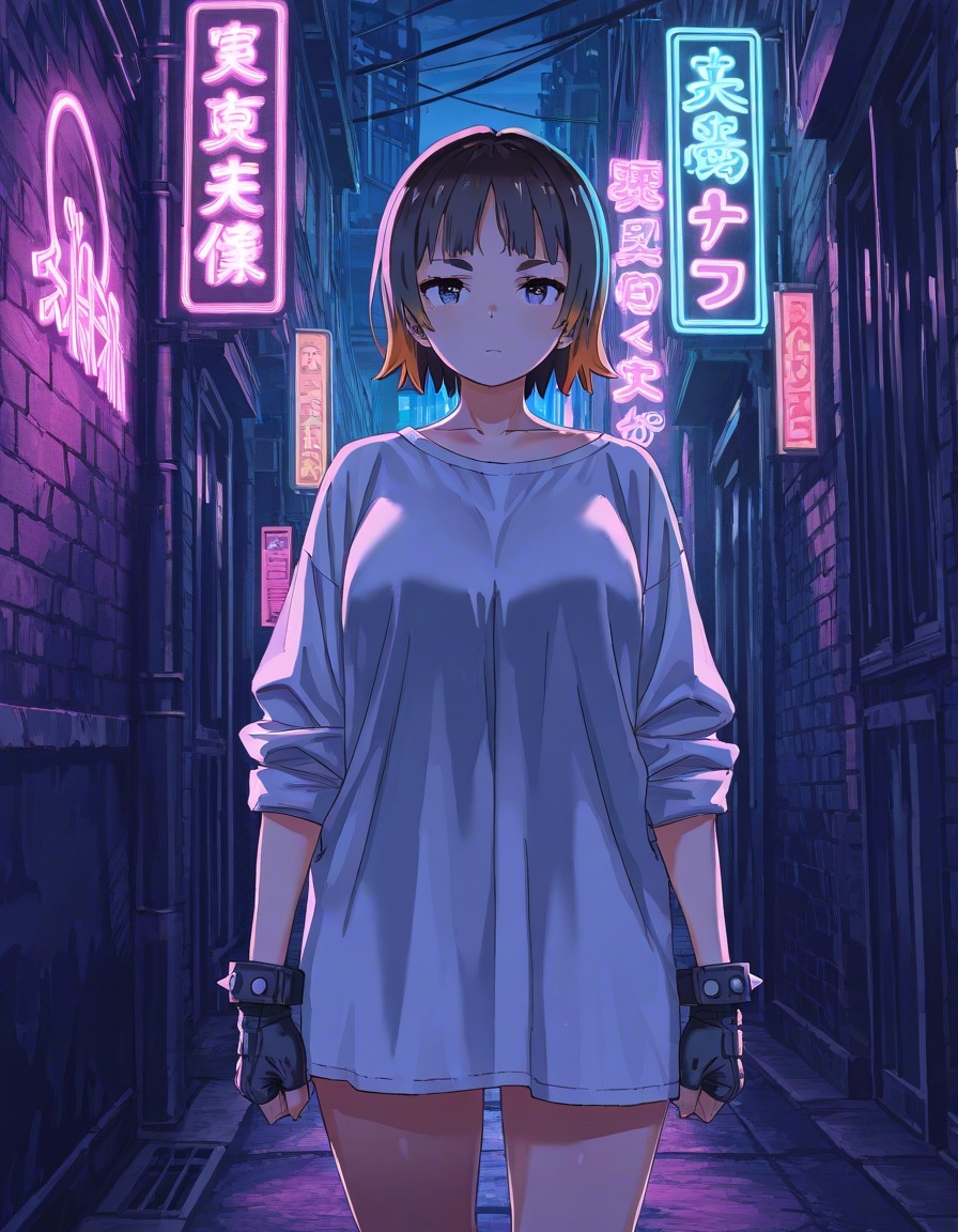 Example result. Prompt: 1girl, adult, solo, short hair, colored tips, oversized shirt, sleeves pushed up, (villain pose), spiked gloves, dark alley, night,…