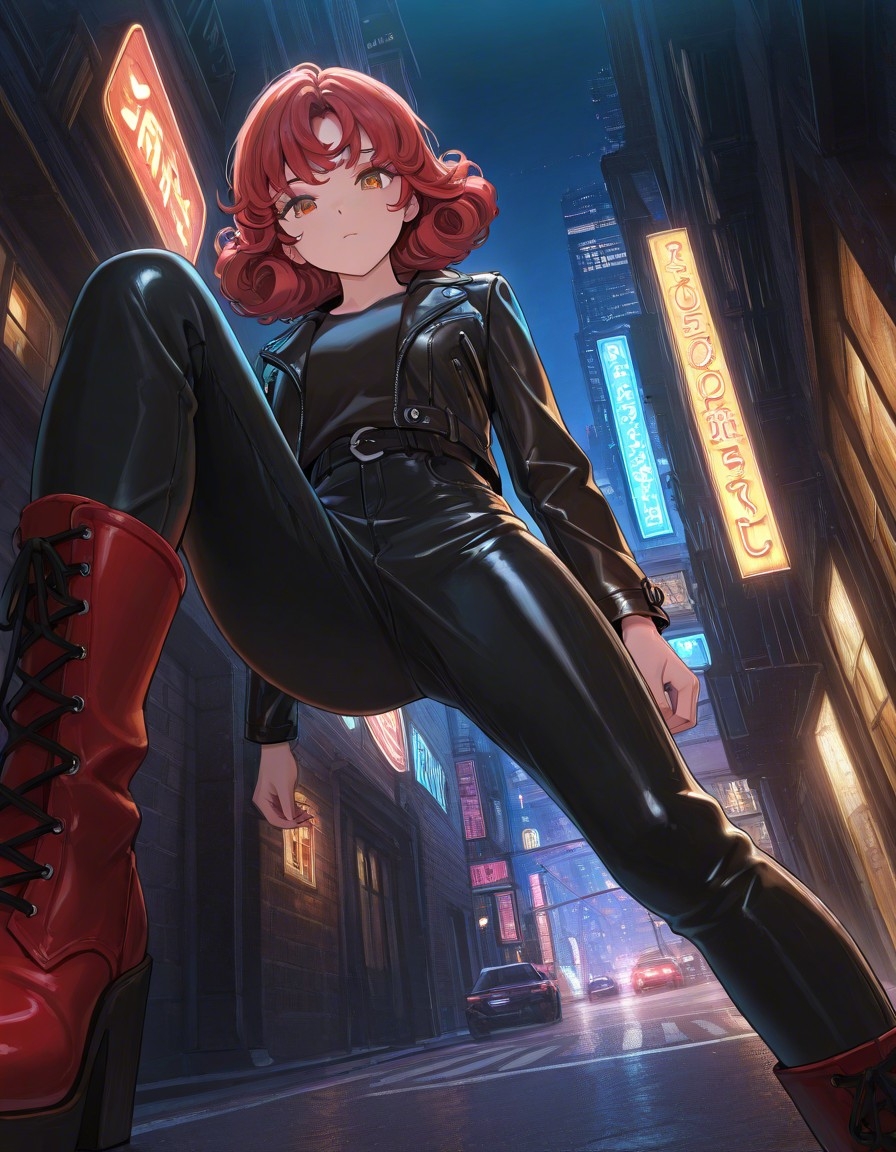 Example result. Prompt: 1girl, solo, close up, black jacket, leather jacket, long pants, black pants, red hair, curly hair, red boots, night, city, street,…