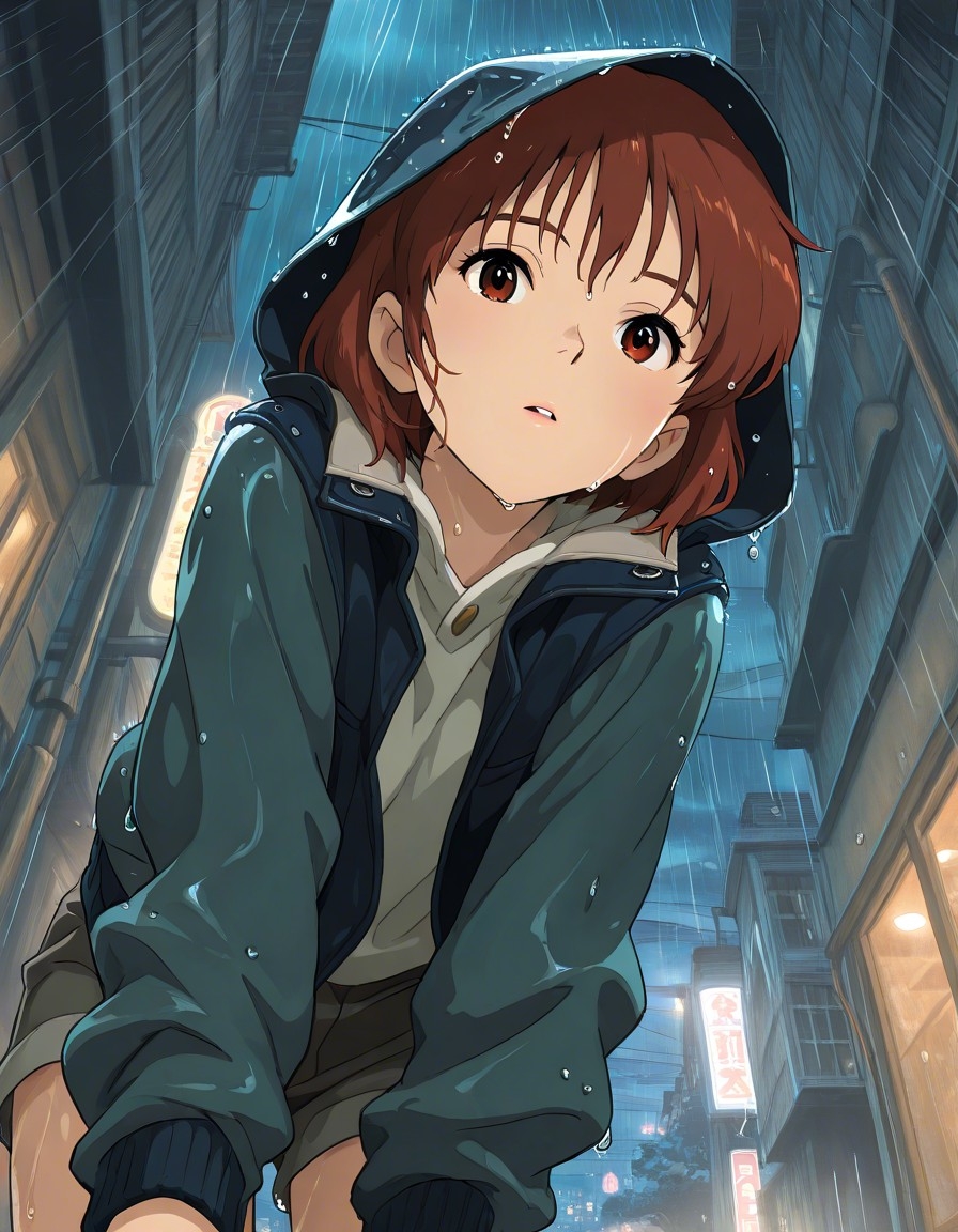 Example result. Prompt: 1girl, solo, close up, night, wet street, rain, raindrops, water, puddles, city, street, hood, jacket, navy jacket, shorts, bending…