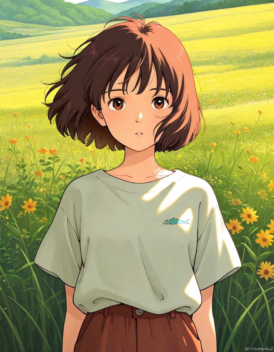 Example result. Prompt: 1girl, solo, close up, t-shirt, long pants, brown hair, short hair, wildflowers, tall grass, scenic background, looking at viewer,…