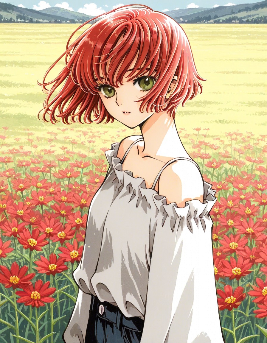 Example result. Prompt: 1girl, solo, close up, off-shoulder shirt, long pants, red hair, short hair, on a wildflower hill, scenic background, looking at…