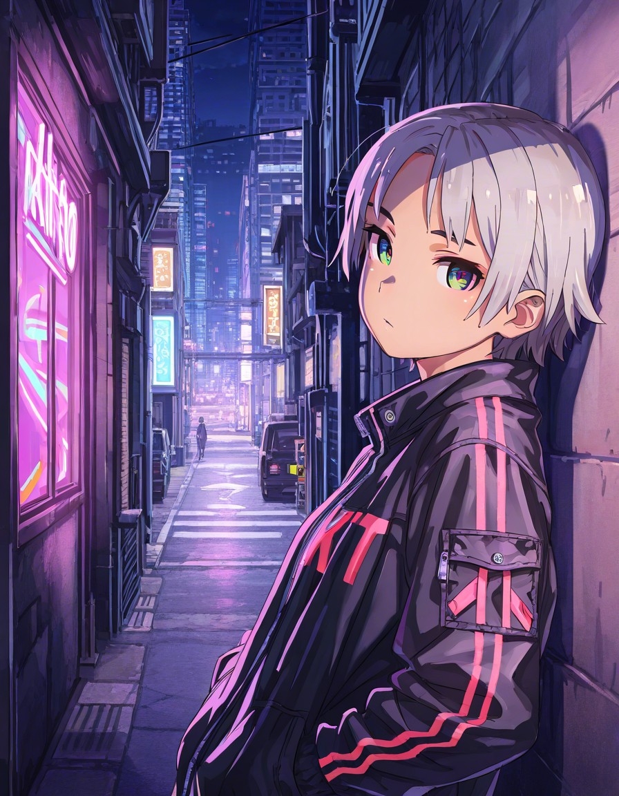 Example result. Prompt: 1girl, solo, close up, jacket, silver hair, night, city, street, alley, neon, leaning back, back against a wall, neon, looking at…