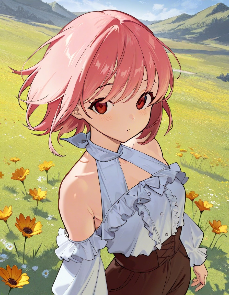 Example result. Prompt: 1girl, solo, close up, halter blouse, ruffle blouse, long pants, pink hair, short hair, on a wildflower hill, scenic background,…