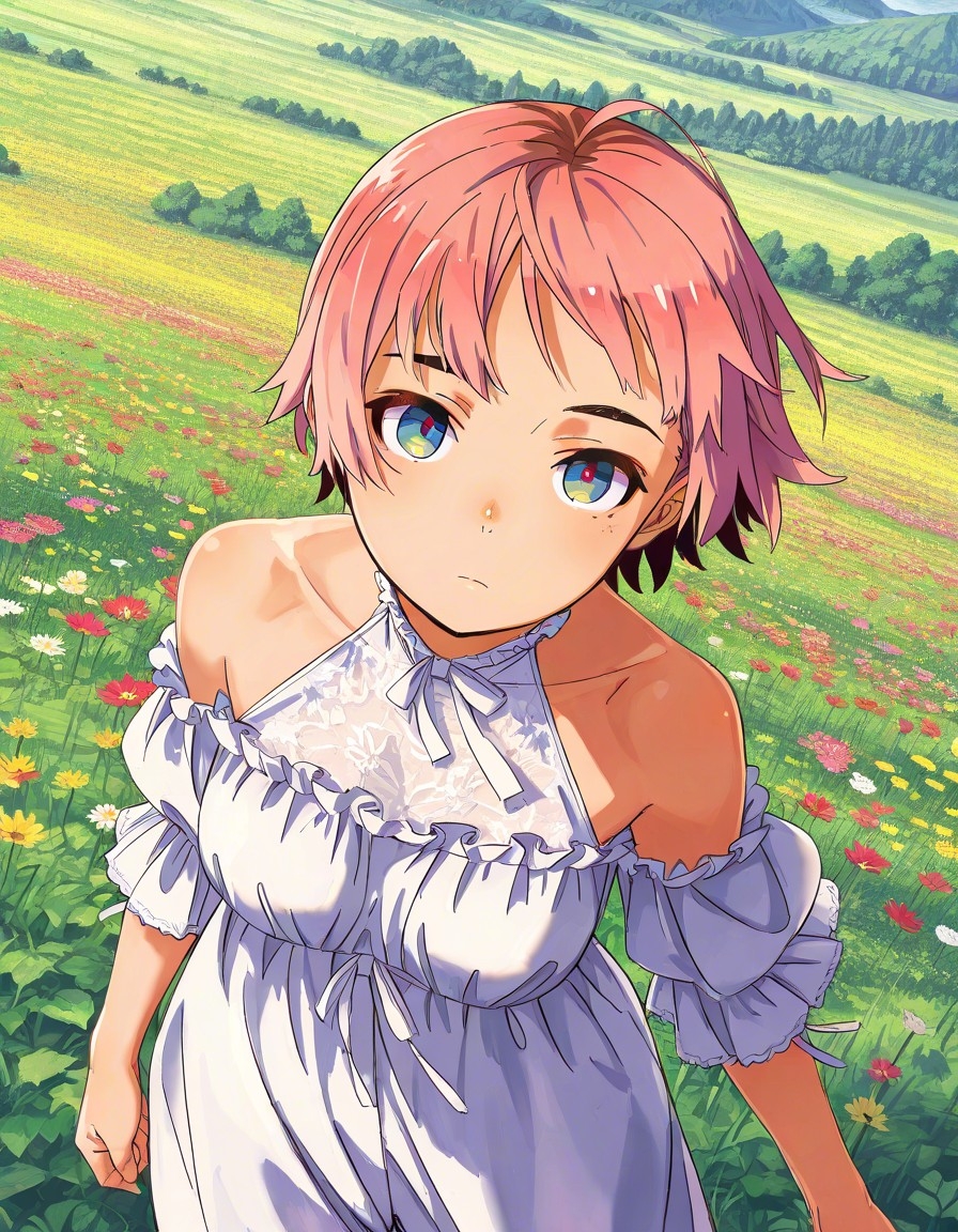 Example result. Prompt: 1girl, solo, close up, halter blouse, ruffle blouse, long pants, pink hair, short hair, on a wildflower hill, scenic background,…
