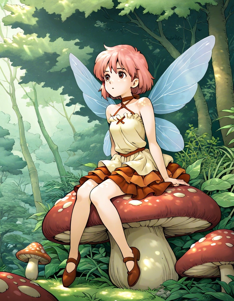 Example result. Prompt: 1girl, solo, fairy, insect wings, halter blouse, layered skirt, ruffle skirt, pink hair, short hair, in the woods, sitting on a…