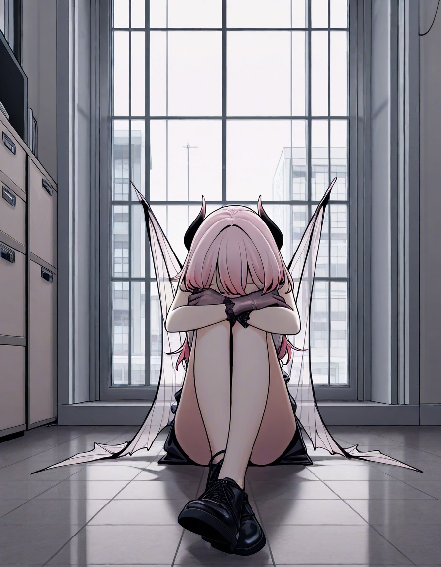 Example result. Prompt: 1girl, solo, pale pink hair, colored tips, sleeveless blouse, satin gloves, translucent wings, large wings, demon wings, demon horns,…