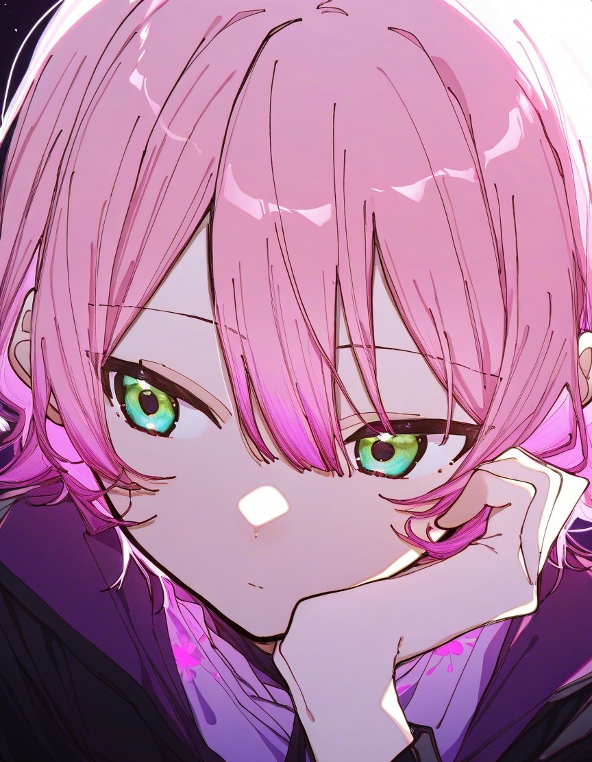 Example result. Prompt: 1girl, solo, pink hair, short hair, purple blouse, black jacket, (under an ultraviolet light:1.2), close portrait, head on hand,…
