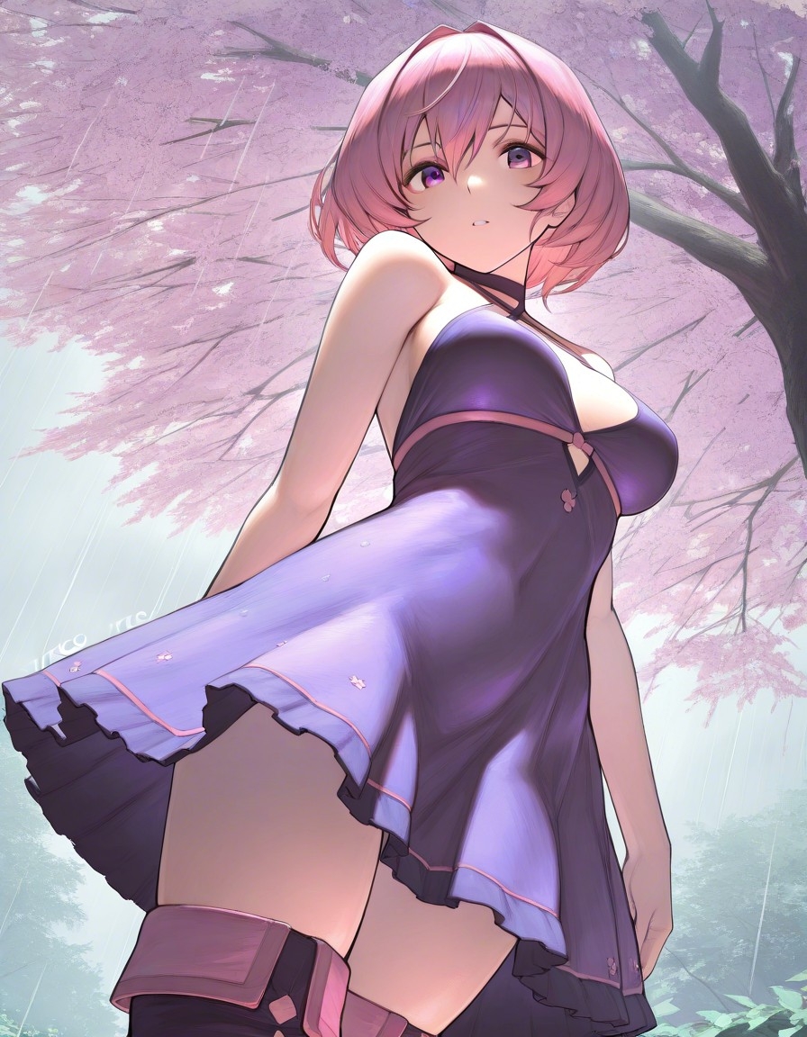 Example result. Prompt: 1girl, solo, rain, cherry blossom tree, dynamic angle, halter dress, purple dress, thighhigh boots, looking at viewer, from below,…