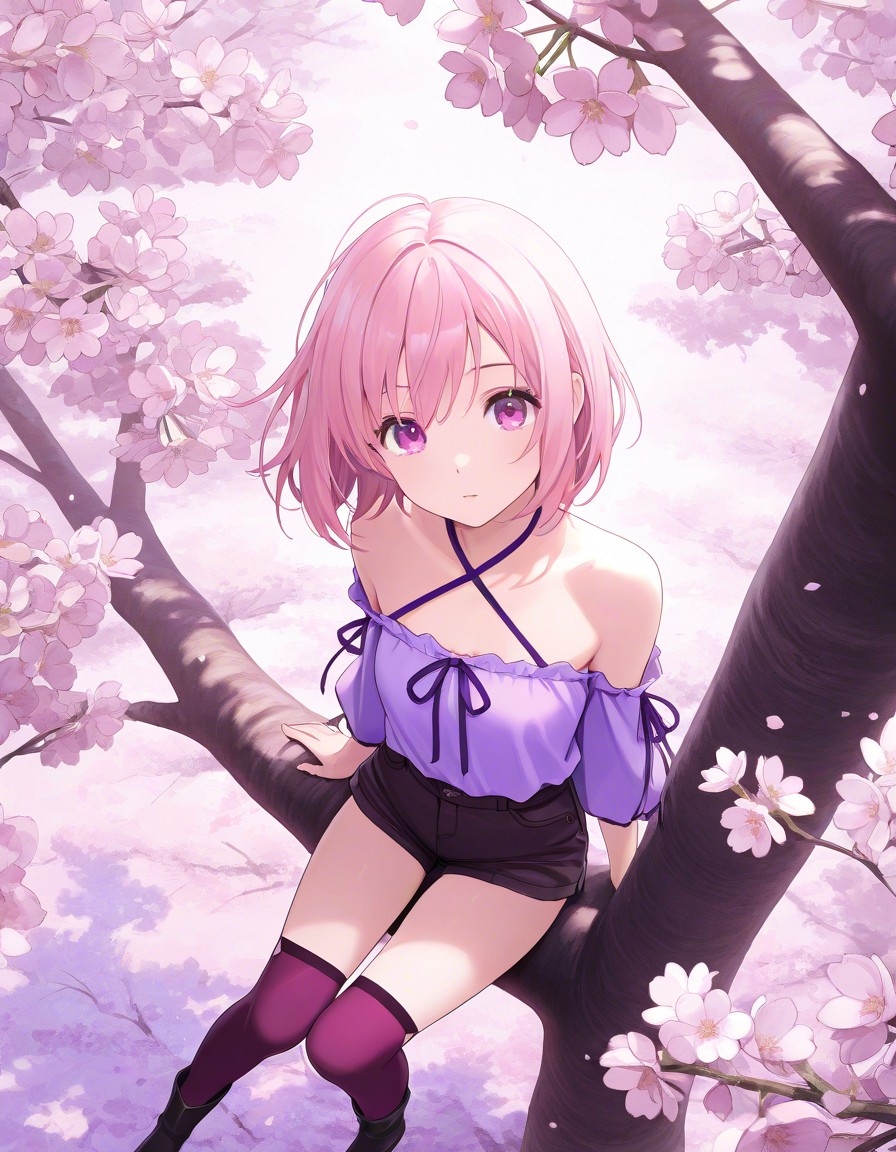 Example result. Prompt: 1girl, solo, sitting on a tree branch, in a cherry blossom tree, halter blouse, shorts, purple blouse, thighhigh boots, looking at…