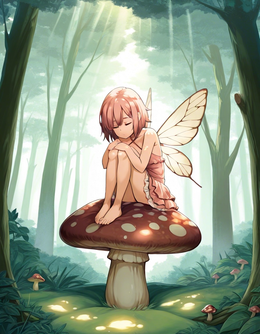 Example result. Prompt: 1girl, solo, tiny fairy, insect wings, halter blouse, layered skirt, ruffle skirt, pink hair, short hair, in the woods, sitting on a…