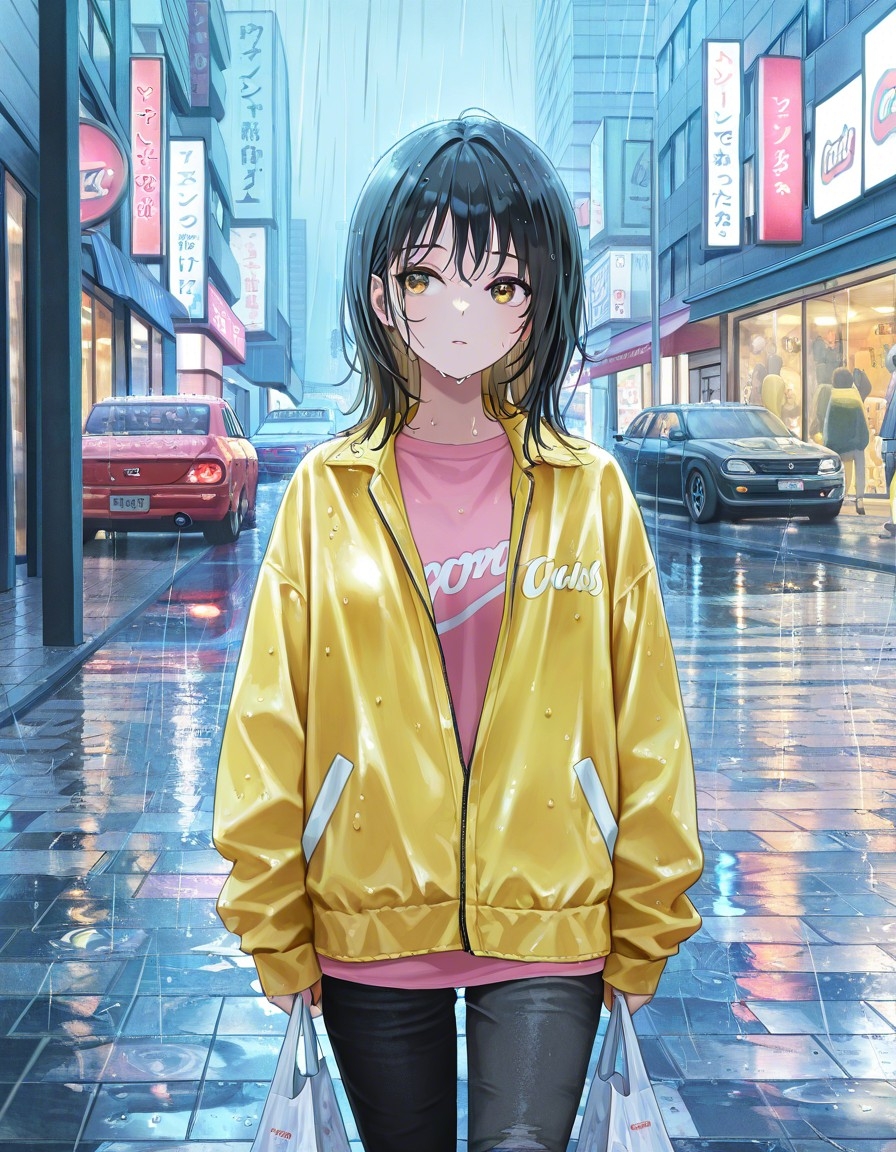 Example result. Prompt: 1girl, yellow jacket, pink shirt, black jeans, wet, (rain:1.2), shopping bags, cowboy shot, city sidewalk, cars, crowds, rainfall,…