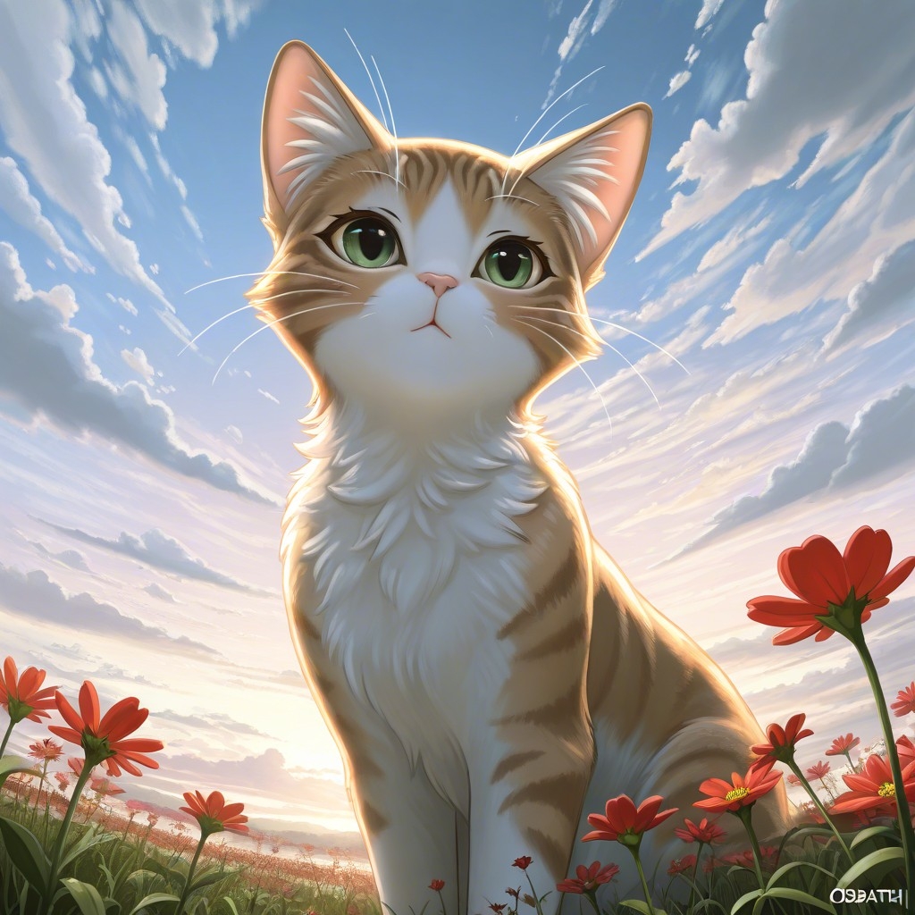 Example result. Prompt: 1kitten, on a wildflower hill, long whiskers, cat eyes, cute kitten behind wildflowers, cloudy sky, masterpiece, best quality,…