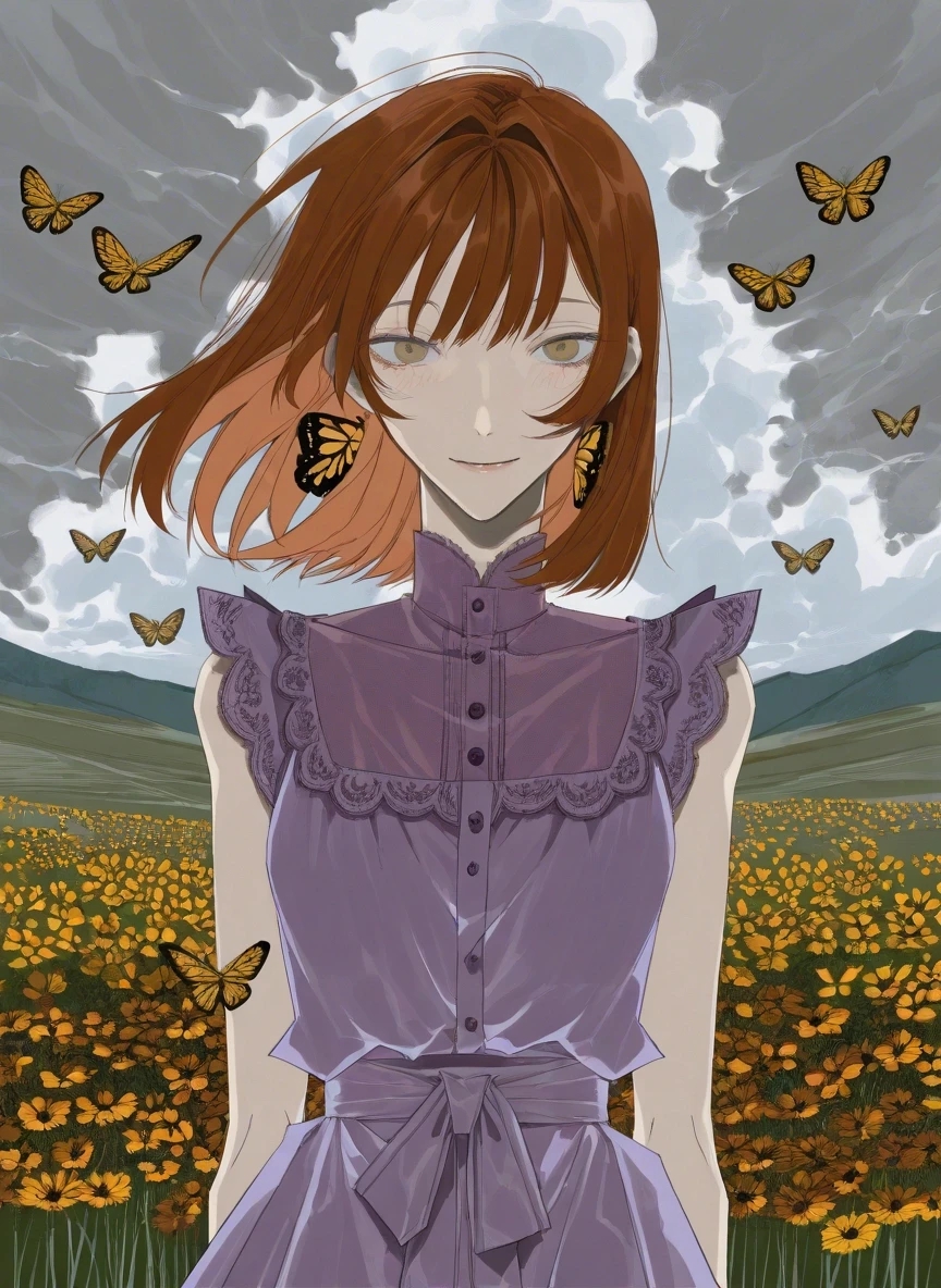 Example result. Prompt: 1girl, auburn hair, medium hair, sleeveless blouse, violet blouse, on a hill with violet wildflowers, surrounded by (big monarch…