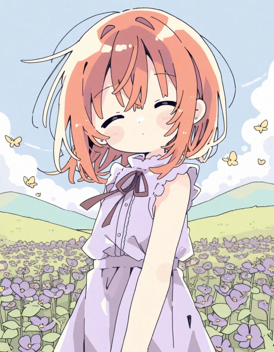 Example result. Prompt: 1girl, auburn hair, medium hair, sleeveless blouse, violet blouse, facing viewer, on a hill with violet wildflowers, surrounded by…
