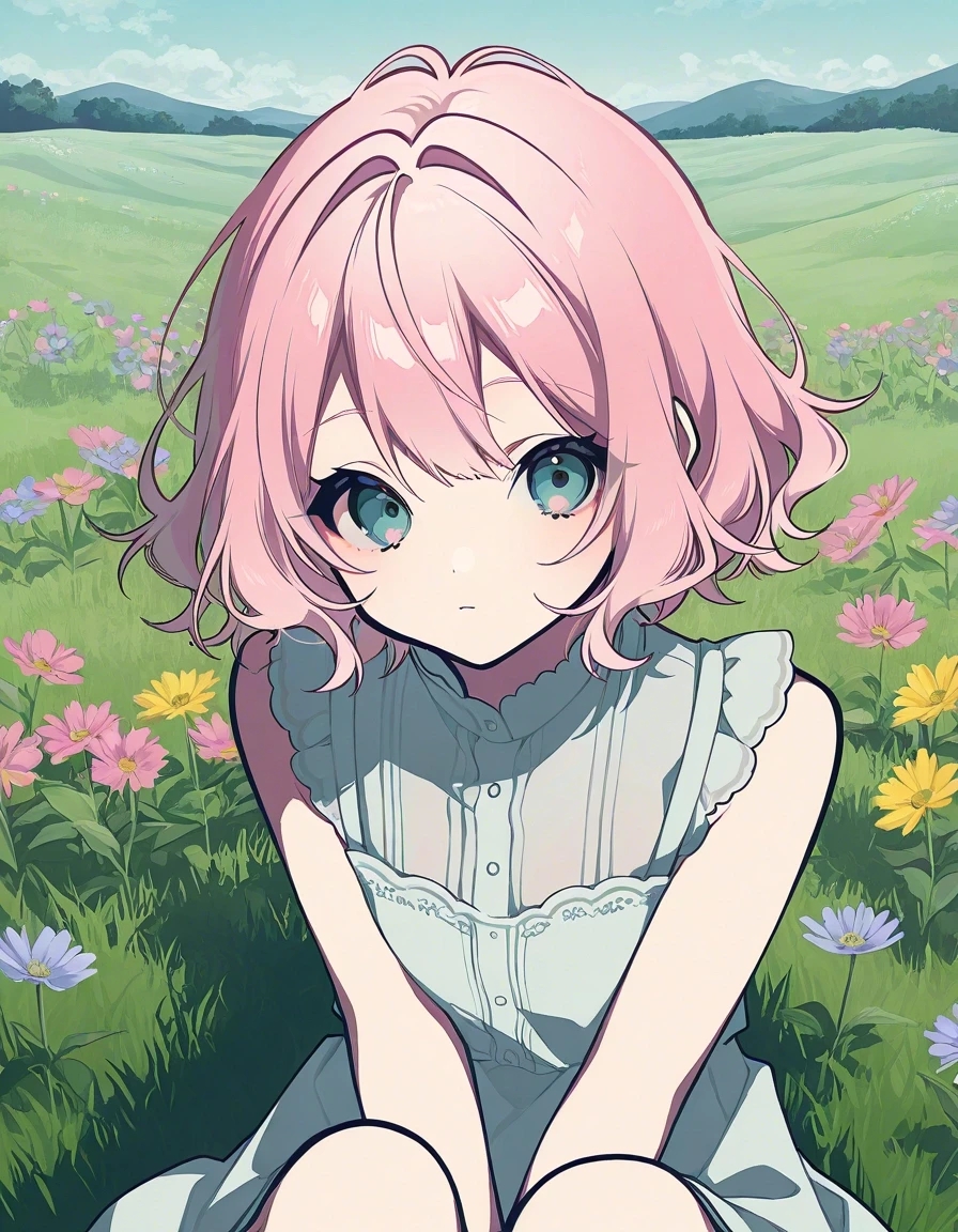 Example result. Prompt: 1girl, pale pink hair, short hair, wavy hair, sleeveless blouse, sitting on a grassy hill, surrounded by wildflowers, close portrait,…