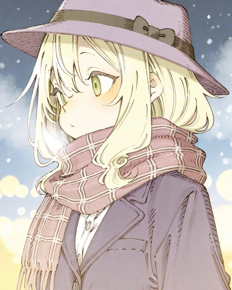 Example result. Prompt: 1girl, solo, close up, fedora, navy purple fedora, wool fedora, dress shirt, blazer, plaid scarf, cloudy day, looking to left side,…