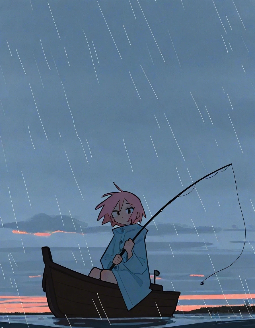 Example result. Prompt: 1girl, solo, close up, rain coat, pink hair, short hair, sitting in a small boat, looking at viewer, holding a fishing pole in one…