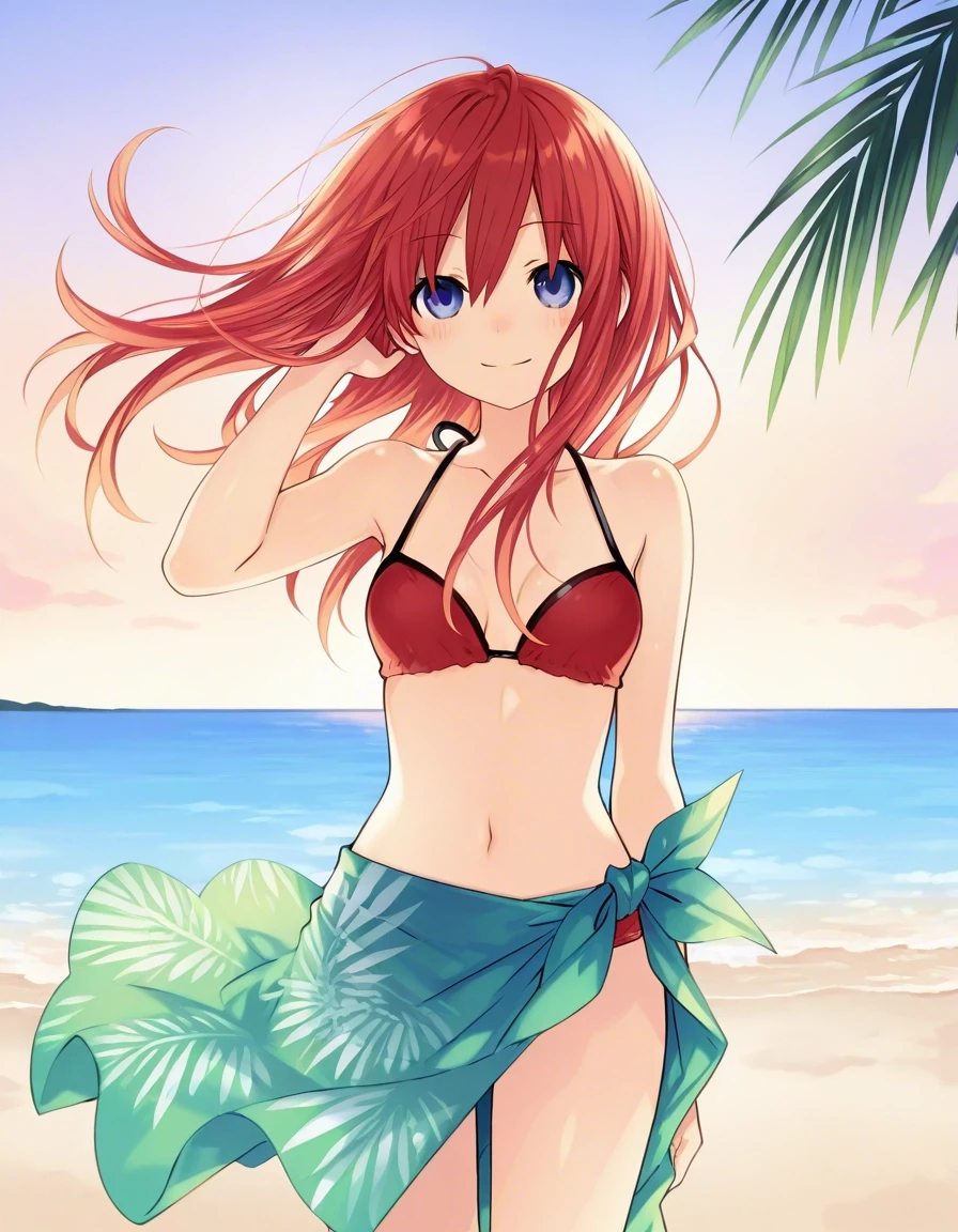 Example result. Prompt: 1girl, solo, pink-red hair, long hair, hand in hair, wind, hair in face, smiling, blue eyes red bikini, sarong skirt, green-blue palm…