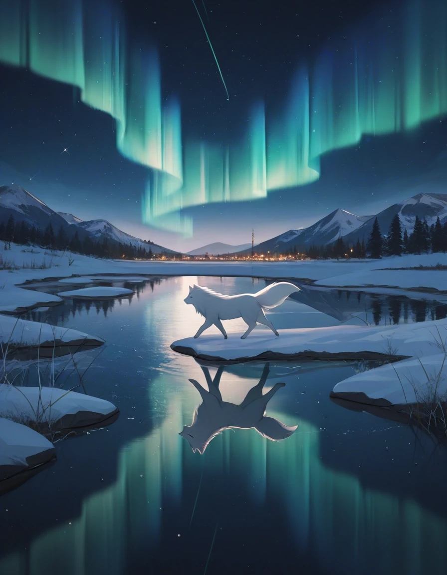 Example result. Prompt: 1fox, white Arctic fox, side view, running across an icy lake, night, Aurora Borealis, northern lights, reflection, masterpiece, best…