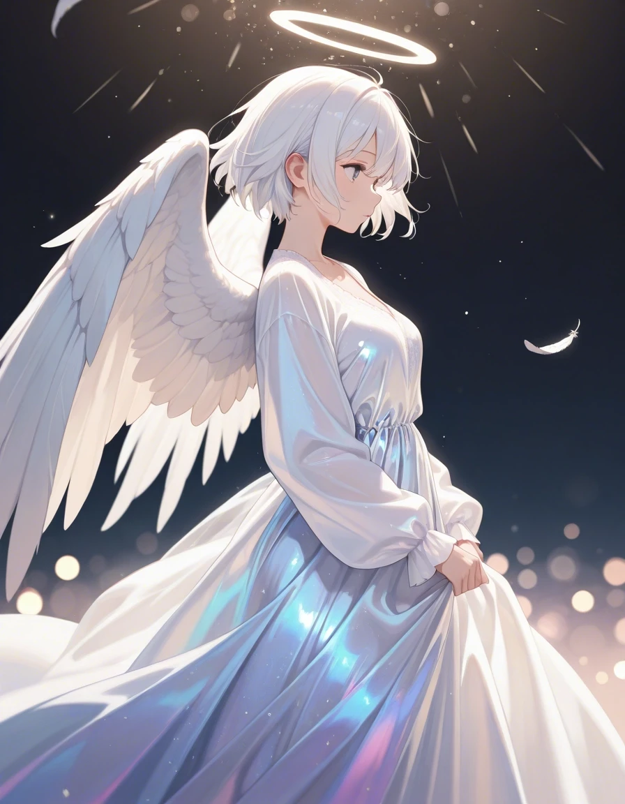 Example result. Prompt: 1girl, angel wings, white gown, long gown, iridescent gown, white wings, feather wings, side view, short hair, white hair, wind, bokeh…