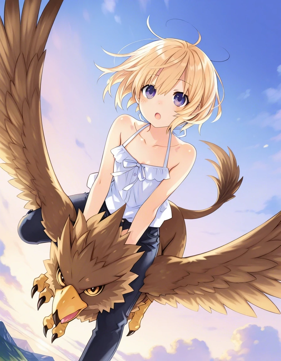 Example result. Prompt: 1girl, blonde hair, short hair, black jeans, halter blouse, riding animal, riding gryphon, flying gryphon, flying toward viewer, giant…