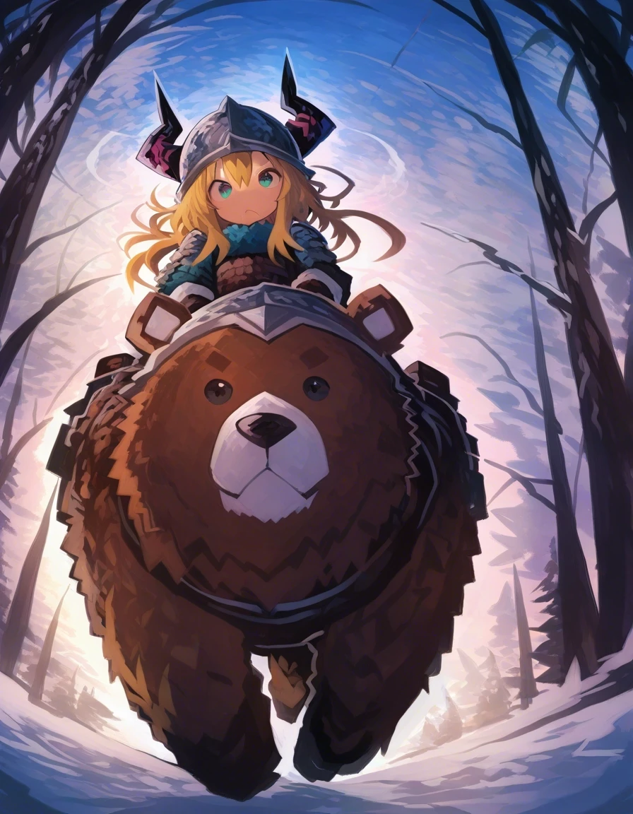 Example result. Prompt: 1girl, blonde hair, viking armor, helmet with horns, riding animal, riding bear, running bear, running toward viewer, close up,…