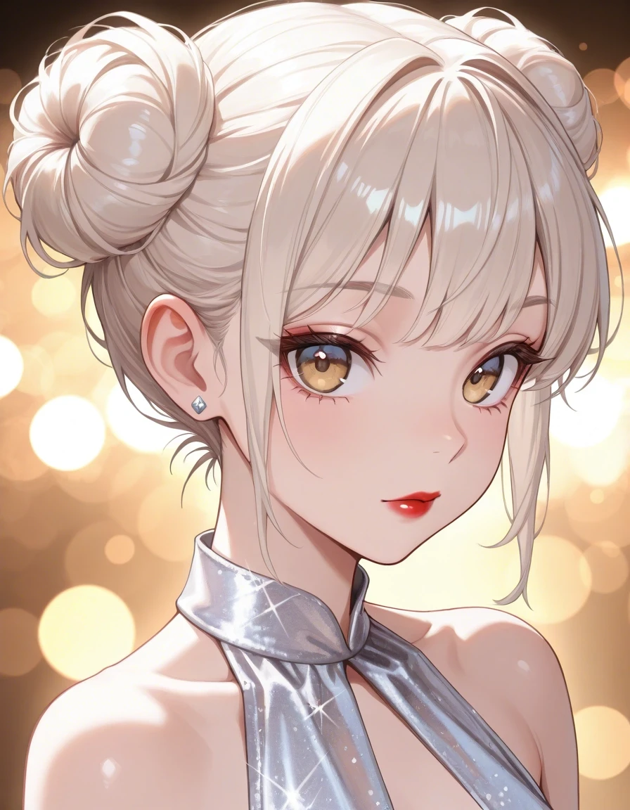 Example result. Prompt: 1girl, messy bun, platinum blonde, halter blouse, silver blouse, glitter blouse, sleeveless blouse, red lips, diamond stud earrings,…