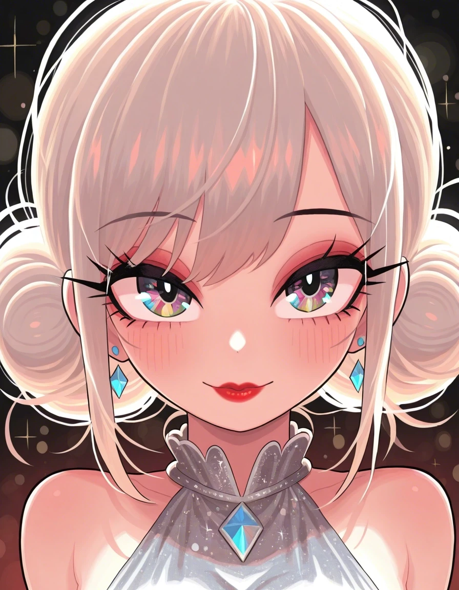 Example result. Prompt: 1girl, messy bun, platinum blonde, halter blouse, silver blouse, glitter++ blouse, glitter eye shadow, sleeveless blouse, red lips,…