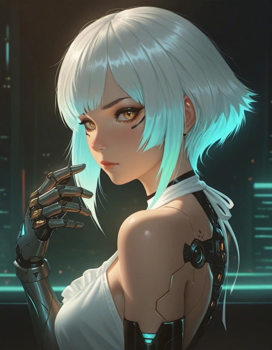 Example result. Prompt: 1girl, short hair, silver hair with aqua highlights, side view, golden eyes, looking at viewer, mechanical arm, mechanical hand,…